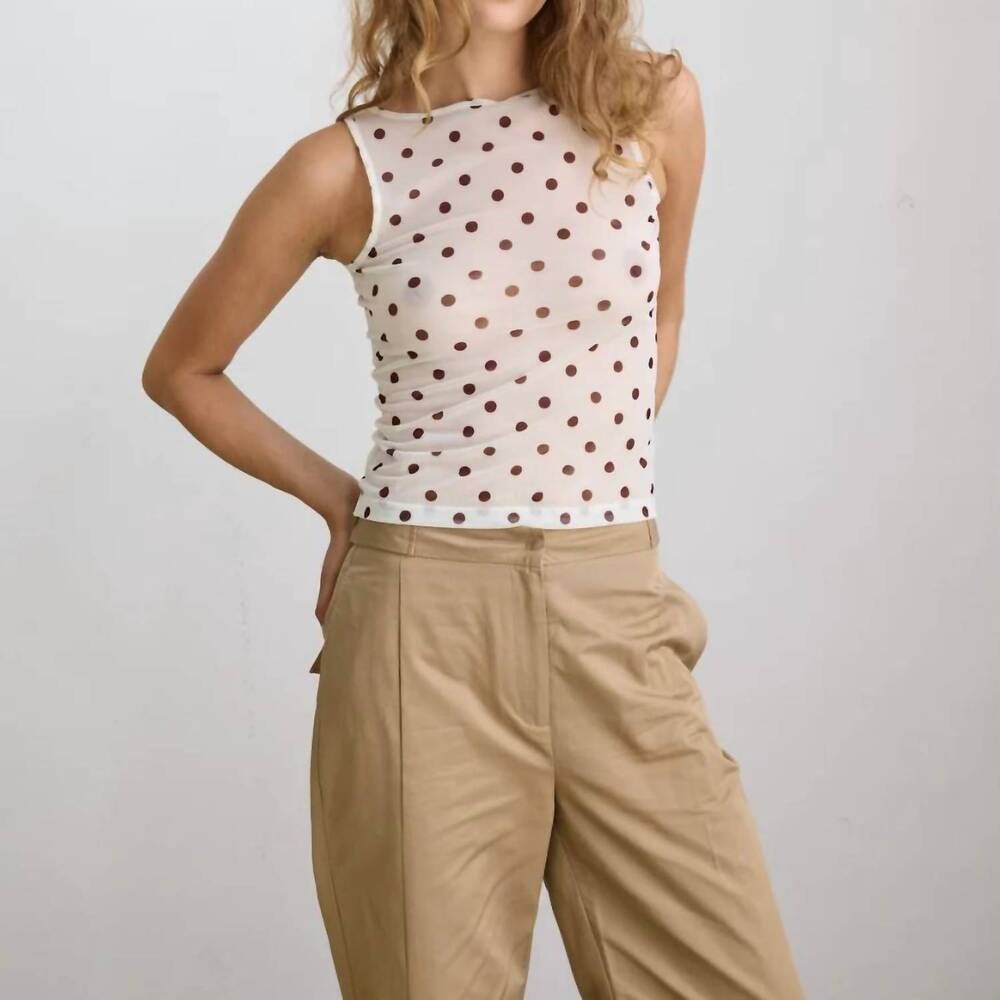 NEW HOSBJERG betty sheer sleeveless top in off white/ brown dots